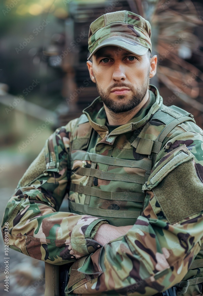 Soldier in camouflage uniform, standing guard on military base Soldier in camouflage uniform, standing guard on military base