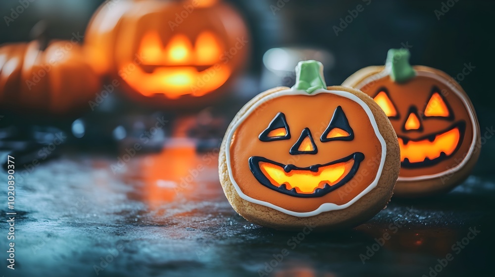 Pumpkin-Shaped Halloween Cookies with Glowing Jack-o-Lanterns in the Background Pumpkin-Shaped Halloween Cookies with Glowing Jack-o-Lanterns in the Background