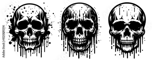 horror-style dripping skull designs, black vector artwork