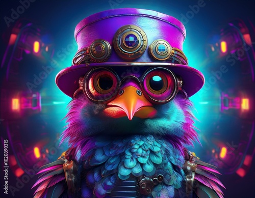 Cyberpunk bird with huge glasses and futuristic steampunk hat in sci-fi dystopia style, high contrast, hyper realistic, fantasy, bright colors, neon, purple, pink, blue_ photo