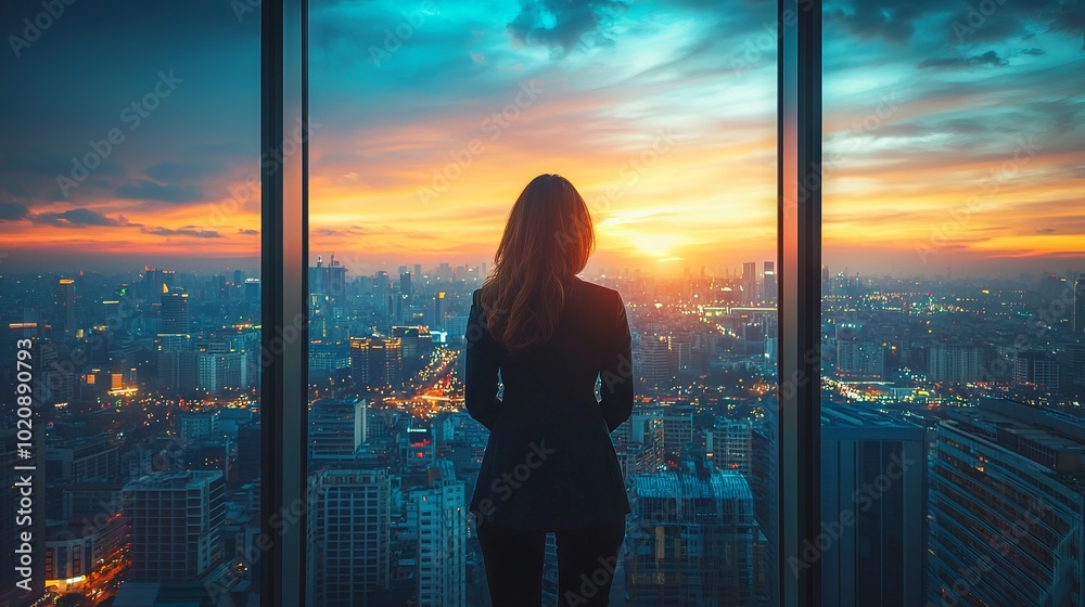 Woman silhouetted against a city skyline at sunset from a high vantage point Woman silhouetted against a city skyline at sunset from a high vantage point