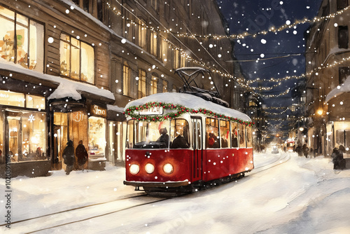 Wallpaper Mural A beautiful illustration of a red tram decorated with Christmas lights, traveling through a snowy city street during the holiday season.
 Torontodigital.ca
