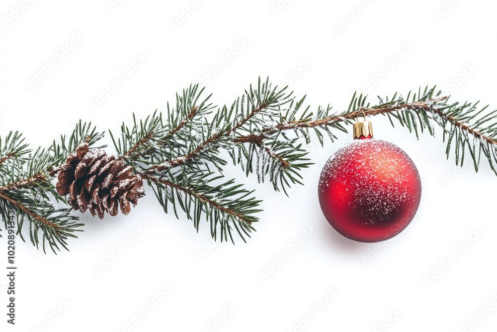 Christmas Ornament, Pine Branch, Pine Cone, Red Sphere, Festive Decor Christmas Ornament, Pine Branch, Pine Cone, Red Sphere, Festive Decor
