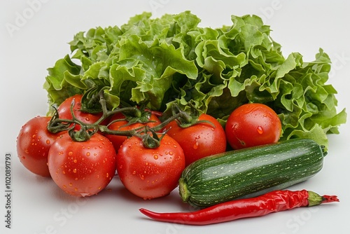 Fresh Tomatoes, Peppers, Lettuce with Green Zucchini and Red Chilies on White Background