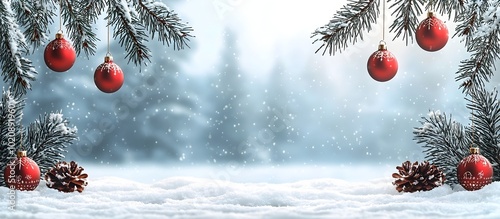 Snowy Winter Holiday Background with Festive Ornaments Hanging on Tree Branches
