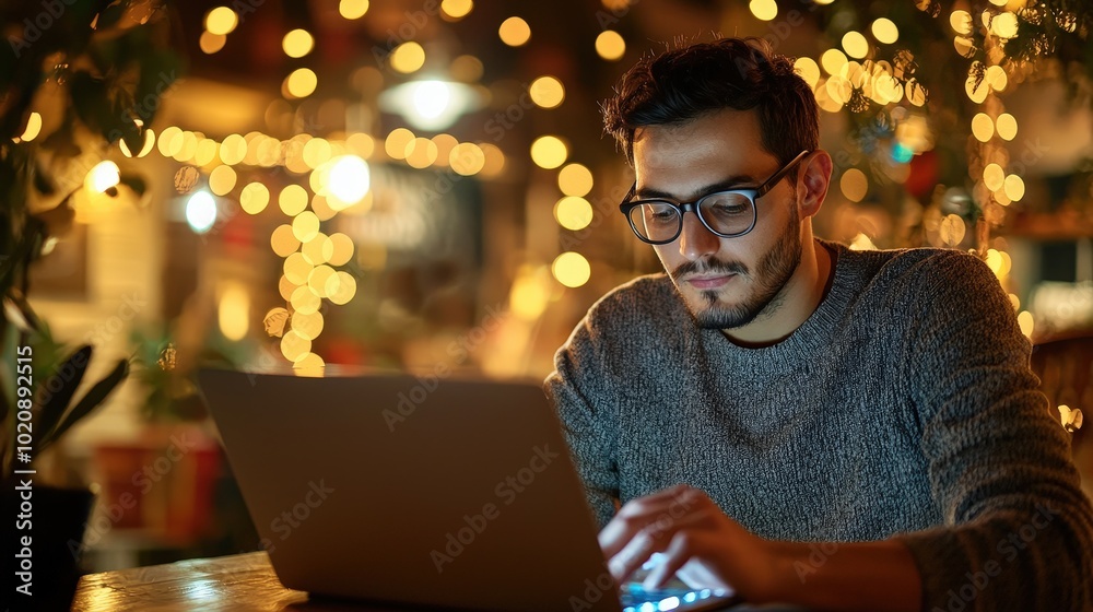 Man Working on Laptop in Cafe with Warm Lights Man Working on Laptop in Cafe with Warm Lights