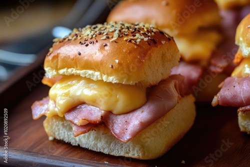 Delicious ham cheese slider sandwich, savory appetizing snack treat