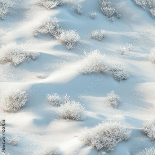 Serene Winter Wonderland: Snow-Covered Bushes and Undulating Drifts