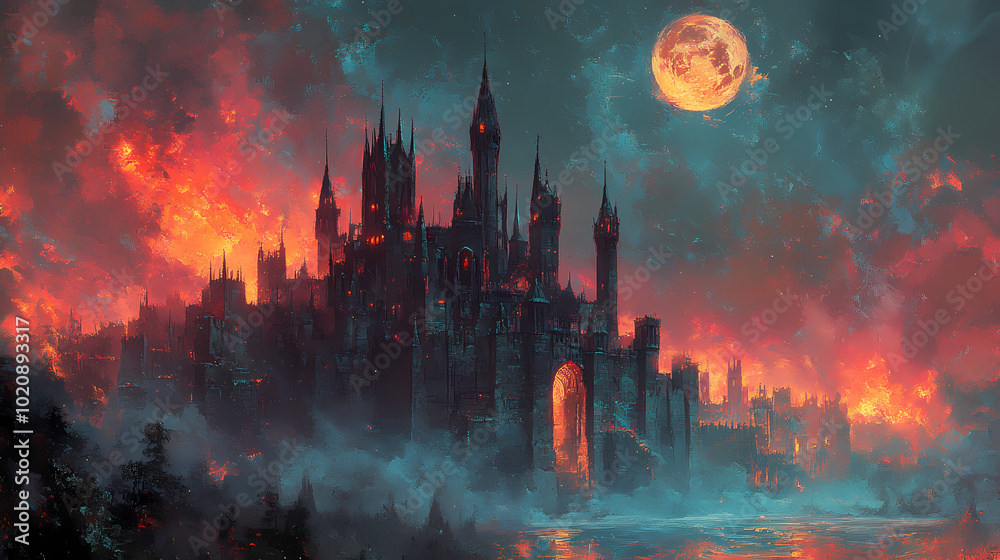 Fototapeta premium Medieval fantasy castle designed by Dark Knight. Artwork in oil and digital format.