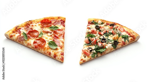 Two pizza slices on a white isolated background, one with pepperoni and the other with vegetables.