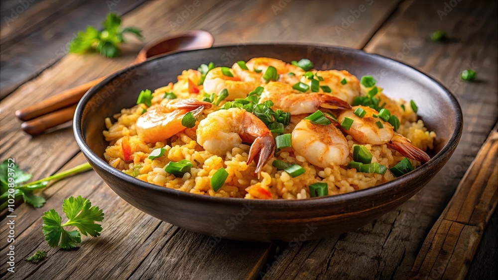 Aromatic Rice Dish with Shrimp and Green Onions, Served in a Rustic Bowl on a Weathered Wooden Table Aromatic Rice Dish with Shrimp and Green Onions, Served in a Rustic Bowl on a Weathered Wooden Table