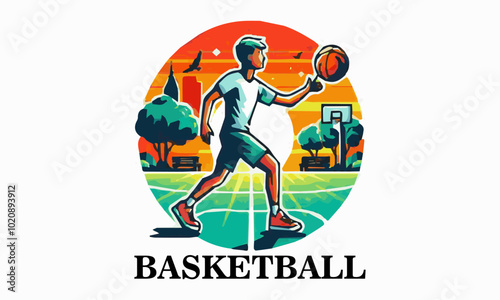 This vector illustration shows a teenage boy playing basketball. This design is very suitable for use as a poster design, t-shirt or sports promotional material