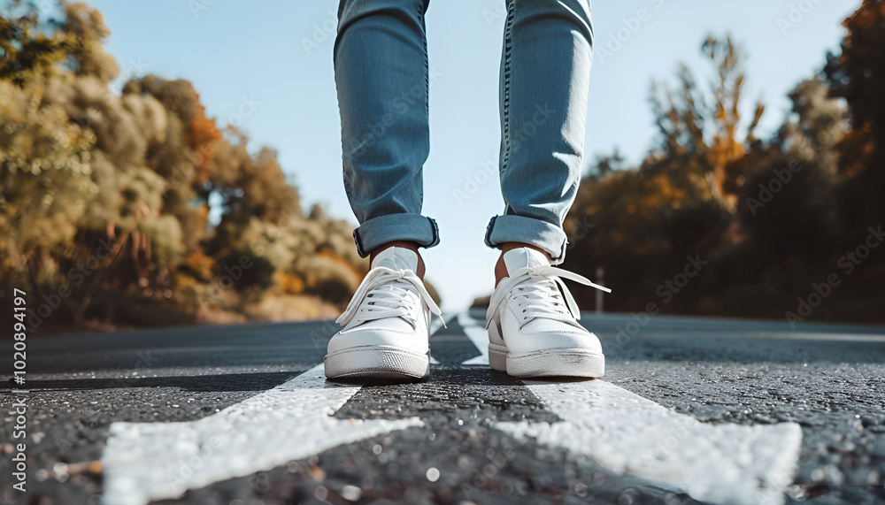 man legs in sneakers standing on road with three direction arrow choices, left, right or move forward man legs in sneakers standing on road with three direction arrow choices, left, right or move forward