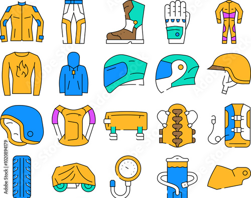 motorcycle accessories biker icons set vector. equipment helmet, motorbike sport, rider motor, jacket leather, travel, road motorcycle accessories biker color Contour Illustrations