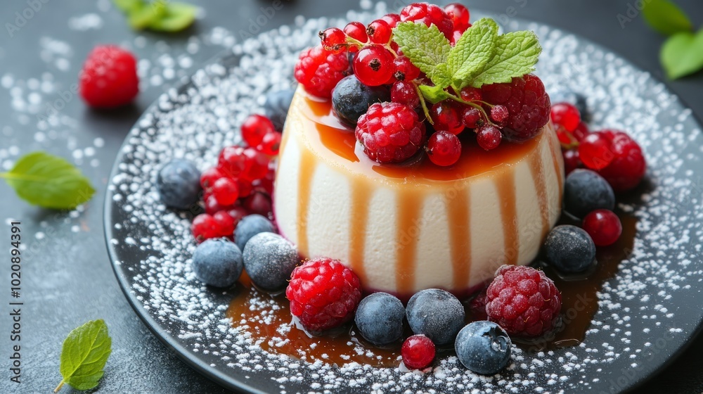 Creamy dessert topped with fresh berries and a caramel sauce on a black plate. Creamy dessert topped with fresh berries and a caramel sauce on a black plate.