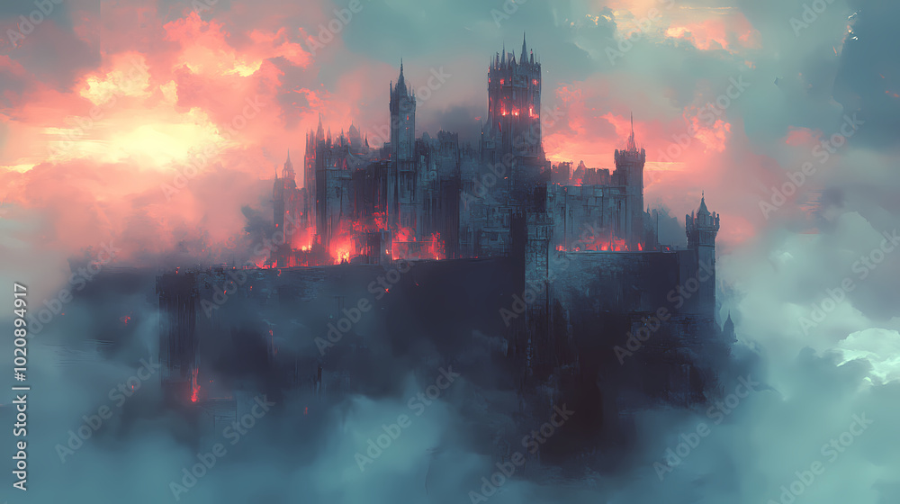 Fototapeta premium Medieval fantasy castle designed by Dark Knight. Artwork in oil and digital format.