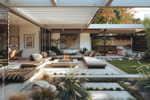 Midcentury Modern Outdoor Living Area with White Trellis, Fire Pit, and Sunlit Skylights