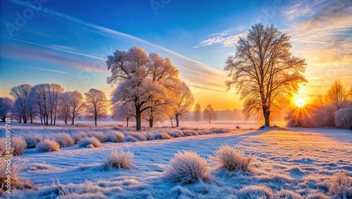 Frosty winter landscape with snow covered trees and grass