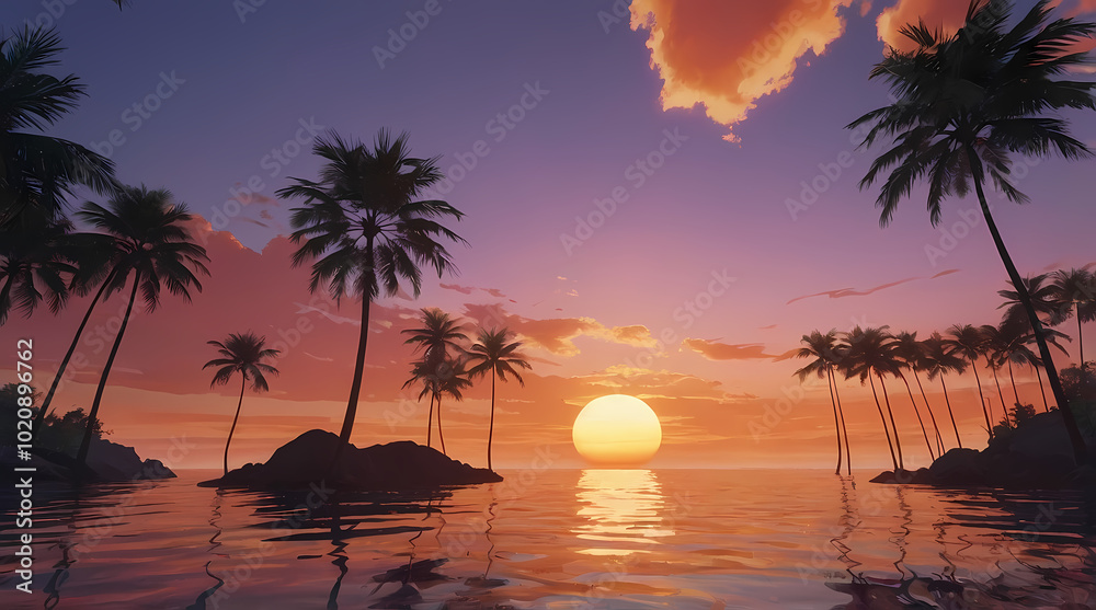 Obraz premium Tropical Sunset with Palm Trees Reflected on Calm Ocean Waters