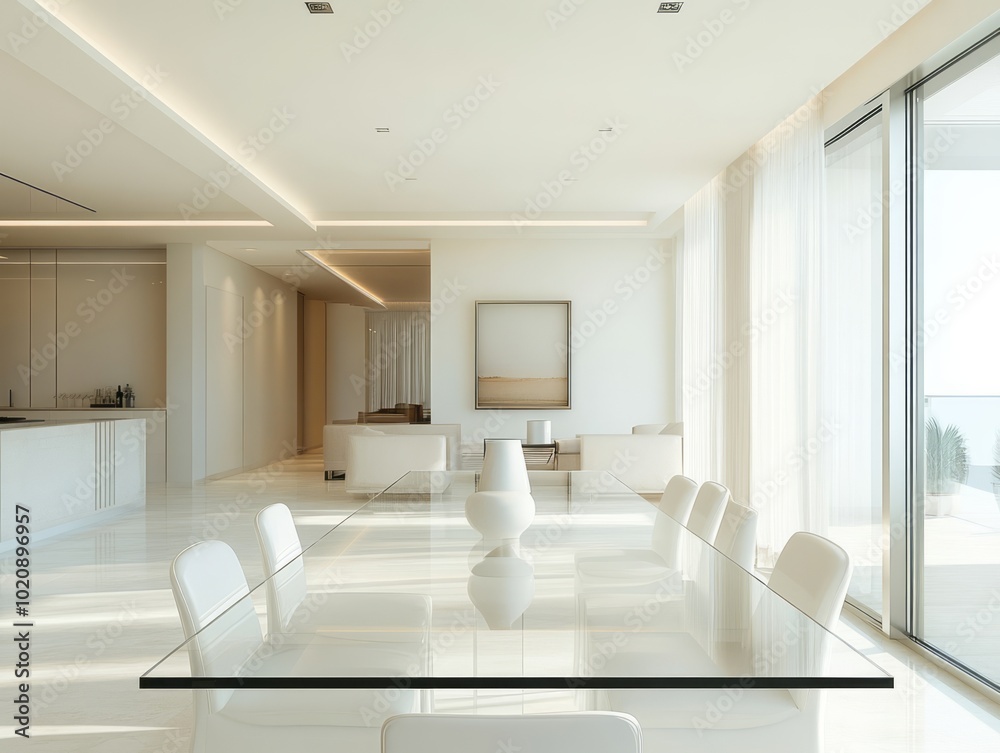 Contemporary minimalist dining room with white walls and an elegant glass dining table Contemporary minimalist dining room with white walls and an elegant glass dining table