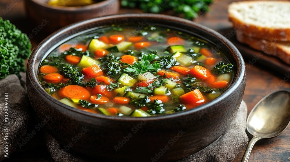 Delicious Bowl of Vegetable Soup, Fresh Herbs, Garlic Bread, Cozy Meal Delicious Bowl of Vegetable Soup, Fresh Herbs, Garlic Bread, Cozy Meal