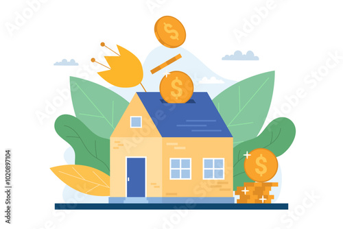 Real estate business concept with houses, market growth, real estate investment, home purchase, home presentation. Concept vector illustration in flat style.