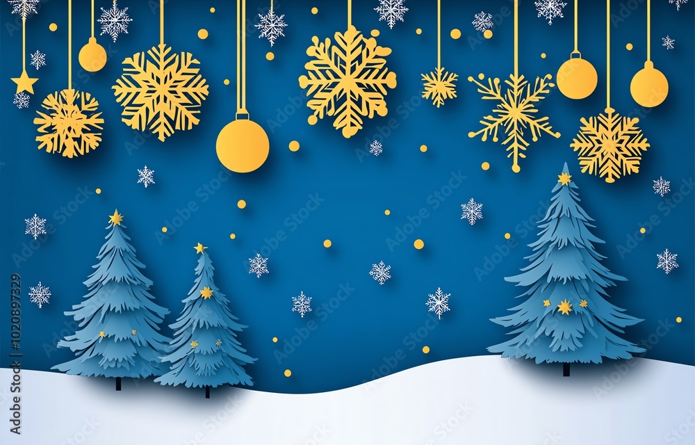 Festive winter scene with blue background, snowflakes, and decorated trees, perfect for holiday themes. Festive winter scene with blue background, snowflakes, and decorated trees, perfect for holiday themes.