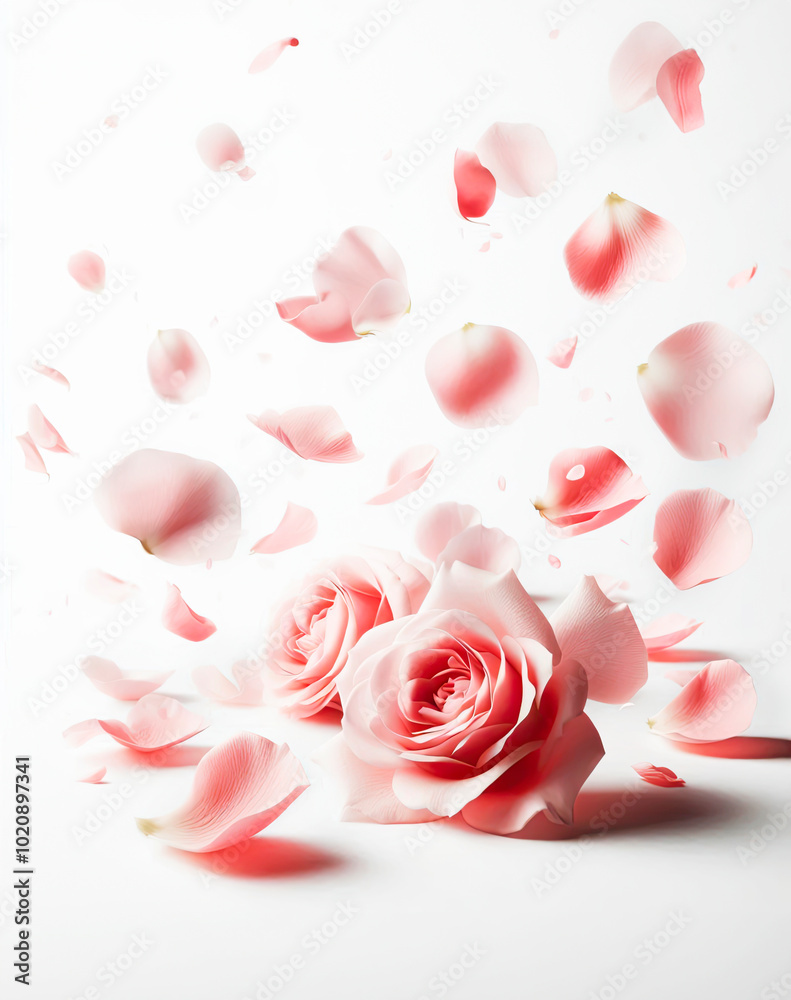 Pink rose on a gentle background, rose petals scattered in the air isolated on a white background Pink rose on a gentle background, rose petals scattered in the air isolated on a white background