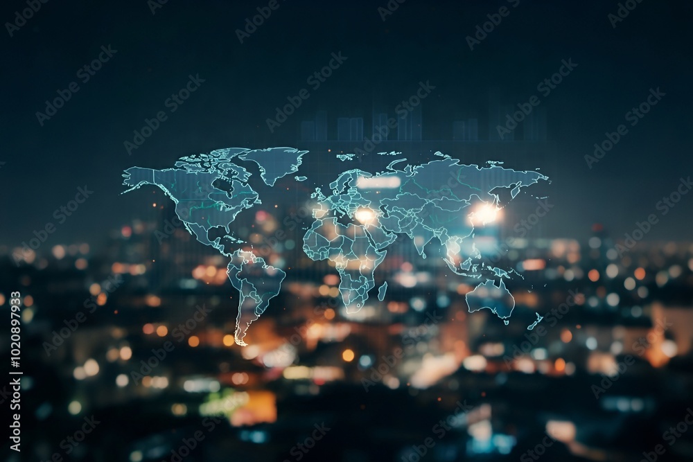 Obraz premium Illuminated digital world map overlay on a blurry cityscape at night.