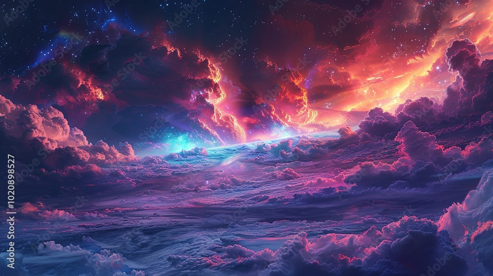 Naklejka premium A Cosmic Landscape of Clouds and Stars