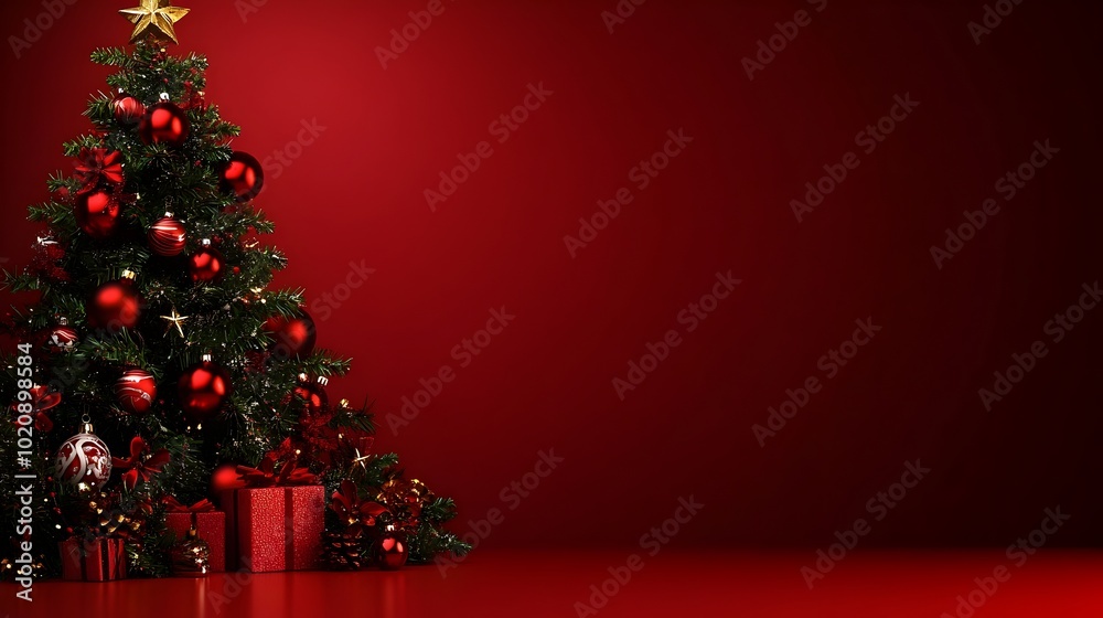 Beautifully Decorated Christmas Tree with Red Baubles,Twinkling Lights and Star Topper on Festive