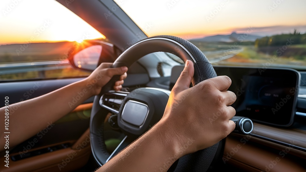 Driver's Perspective of a Scenic Sunset Drive: A Close-Up of Hands on the Steering Wheel, Capturing the Freedom and Joy of Driving Through Beautiful Landscapes Driver's Perspective of a Scenic Sunset Drive: A Close-Up of Hands on the Steering Wheel, Capturing the Freedom and Joy of Driving Through Beautiful Landscapes