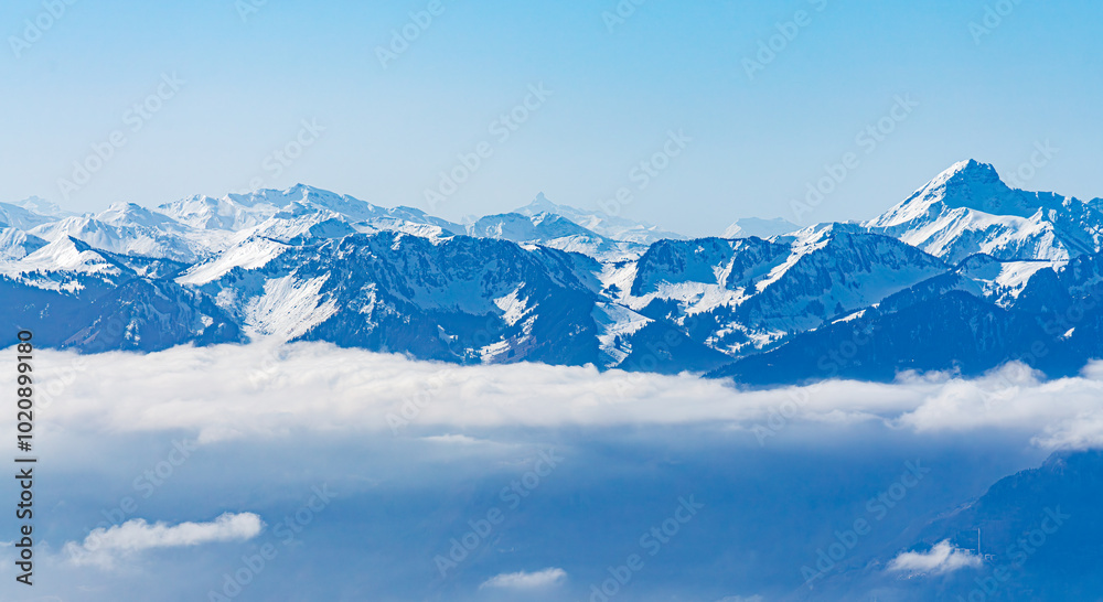 View on winter mpuntains from Rochers-de-Naye peak, Montreux, Alps. View on winter mpuntains from Rochers-de-Naye peak, Montreux, Alps.