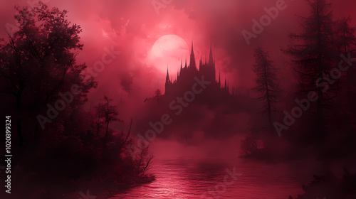 Mysterious Creatures of the Night in Soft Crimson Light - Wide Shot of Enigmatic Surreal Vampires