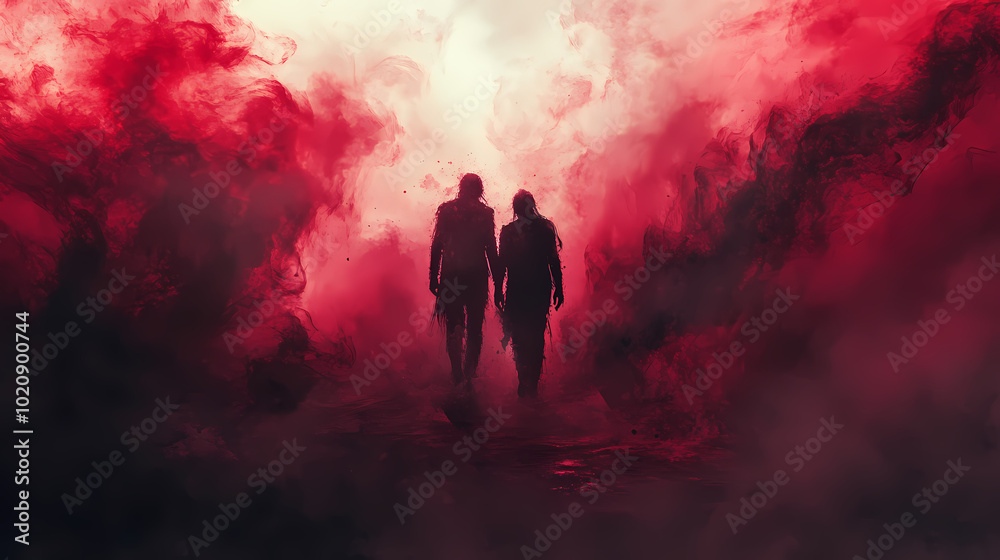Mysterious Creatures of the Night in Soft Crimson Light - Wide Shot of Enigmatic Surreal Vampires Mysterious Creatures of the Night in Soft Crimson Light - Wide Shot of Enigmatic Surreal Vampires
