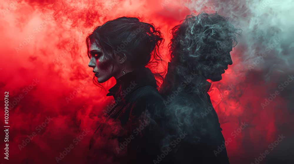 Mysterious Creatures of the Night in Soft Crimson Light - Wide Shot of Enigmatic Surreal Vampires Mysterious Creatures of the Night in Soft Crimson Light - Wide Shot of Enigmatic Surreal Vampires
