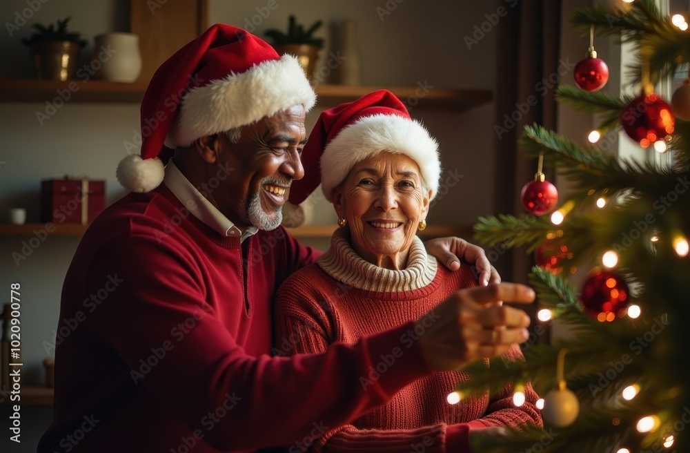 Happy elderly African American couple in red santa claus hats decorates the tree for the new year, a man and woman of 70 years old decorate the tree, prepare for Christmas and new year Happy elderly African American couple in red santa claus hats decorates the tree for the new year, a man and woman of 70 years old decorate the tree, prepare for Christmas and new year