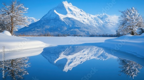 Serene Winter Wonderland: Snow-Capped Mountain Reflection on Tranquil Lake