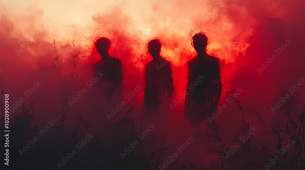 Mysterious Creatures of the Night in Soft Crimson Light - Wide Shot of Enigmatic Surreal Vampires Mysterious Creatures of the Night in Soft Crimson Light - Wide Shot of Enigmatic Surreal Vampires