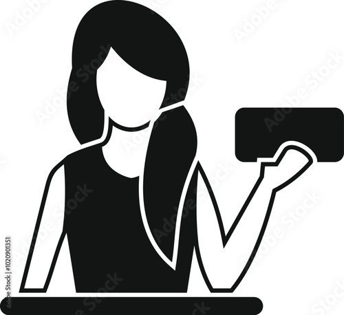 Young cashier woman is holding a credit card for a contactless payment at her counter