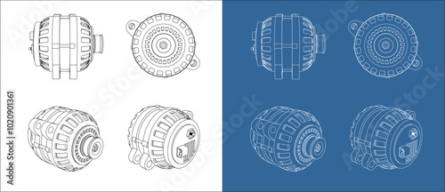 Vector car alternator line technical drawing isolated on white background