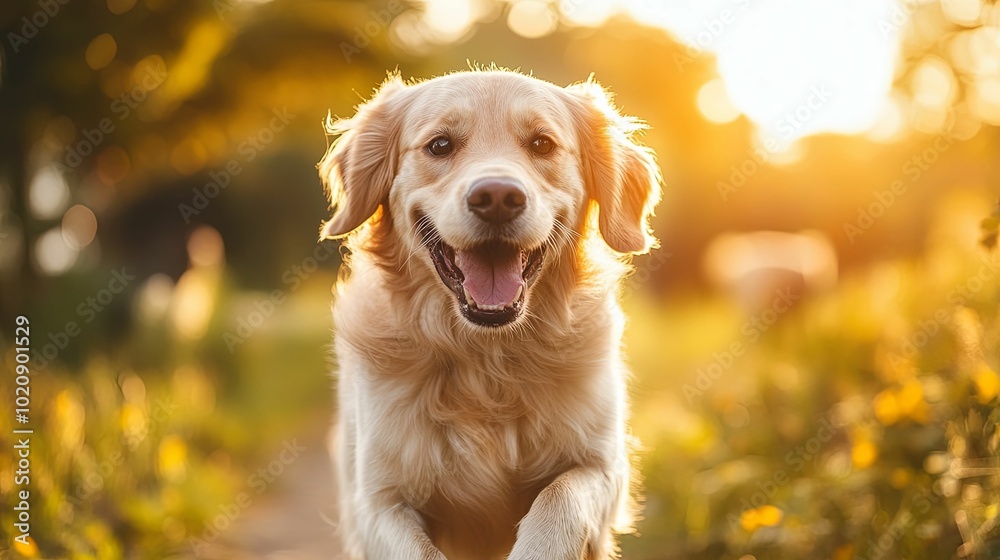 Golden Retriever Dog Smiling and Running in Field Golden Retriever Dog Smiling and Running in Field