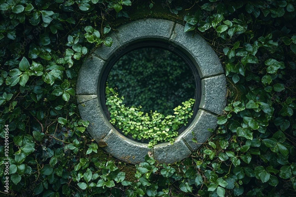 Stone Frame Encircled by Lush Green Foliage