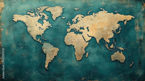 A textured world map in gold and teal, showcasing global geography.