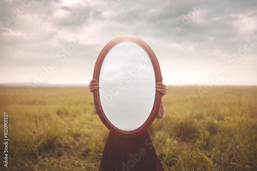 Quadro su tela woman hides holding a mirror in front of her face; introspection concept