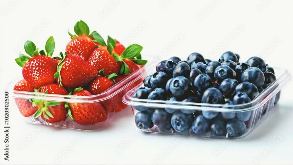 Two containers of fresh strawberries and blueberries on a white background. Two containers of fresh strawberries and blueberries on a white background.