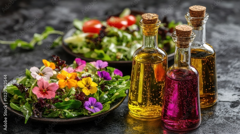 Vibrant Edible Flowers Salad with Colorful Dressing Bottles Vibrant Edible Flowers Salad with Colorful Dressing Bottles