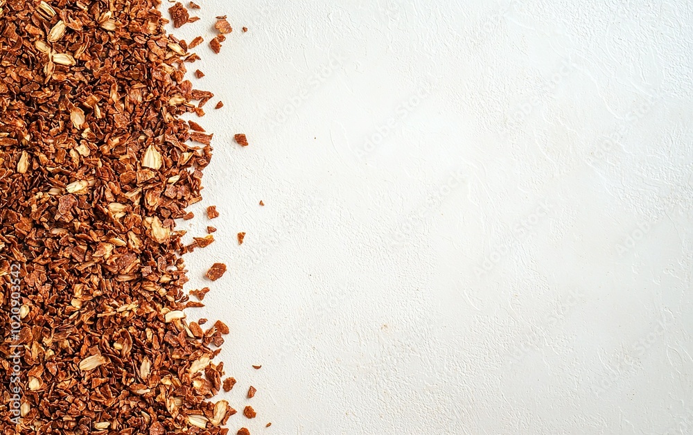 Dried brown granola scattered on a serene white surface, showcasing a healthy breakfast option Dried brown granola scattered on a serene white surface, showcasing a healthy breakfast option