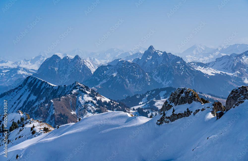 View on winter mpuntains from Rochers-de-Naye peak, Montreux, Alps.
