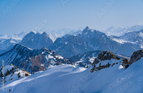 View on winter mpuntains from Rochers-de-Naye peak, Montreux, Alps. photo